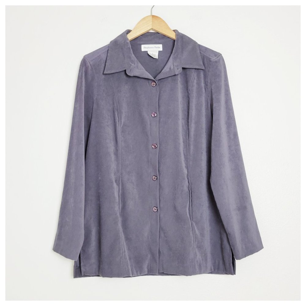 Stephanie Parks Button Up Shirt Slate Gray Blue Micro Suede Long Sleeve Blouse